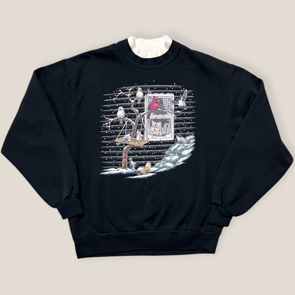Vintage Sweatshirt Pullover Crewneck Cat Birds Winter Scene M Medium S Small